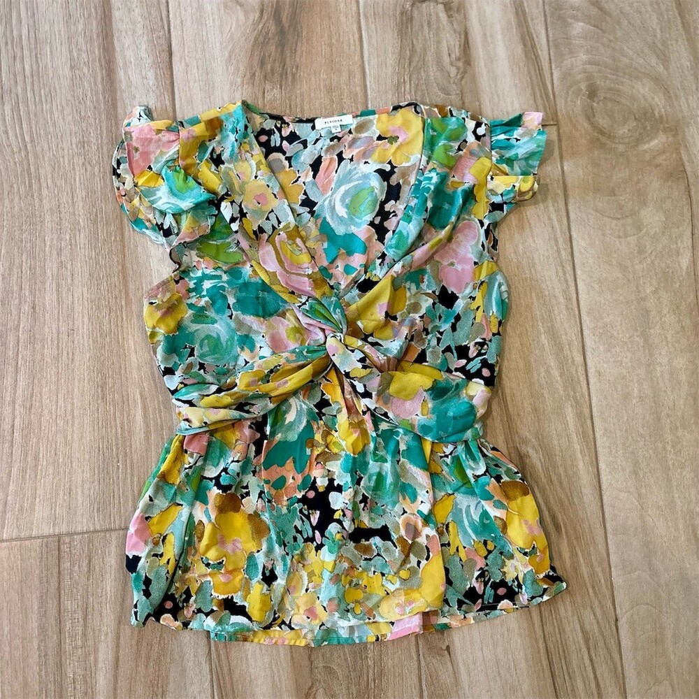 Pleione Blouse Womens M Multicolor Floral Twist Front Peplum Flutter